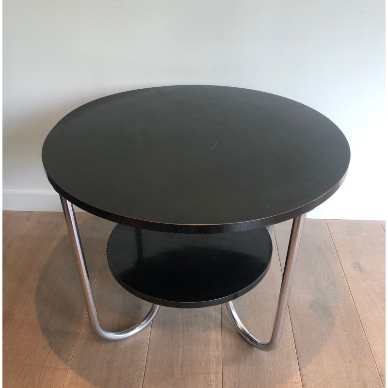 Round Double-Tiered Ebonised and Chrome Guéridon in the Style of Marcel Breuer, French Work, Circa 1950
