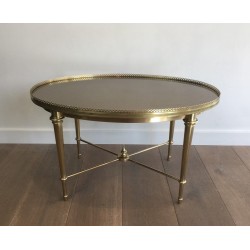 Neoclassical Round Coffee Table in Acid-Worked Brass by Maison Ramsay, French Work, Circa 1940
