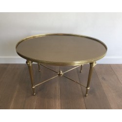 Neoclassical Round Coffee Table in Acid-Worked Brass by Maison Ramsay, French Work, Circa 1940