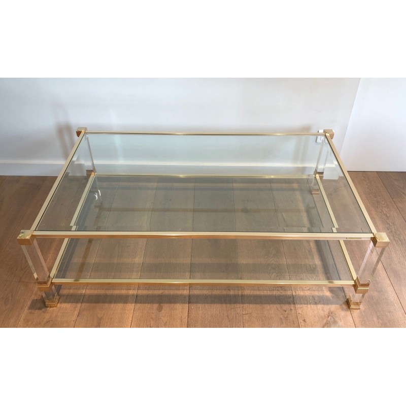 Grande Table Basse en Lucite et Métal Doré de Pierre Vandel, Travail Français, Vers 1970