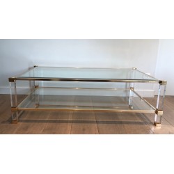 Large Lucite and Gilt Metal Coffee Table by Pierre Vandel, French Work, Circa 1970