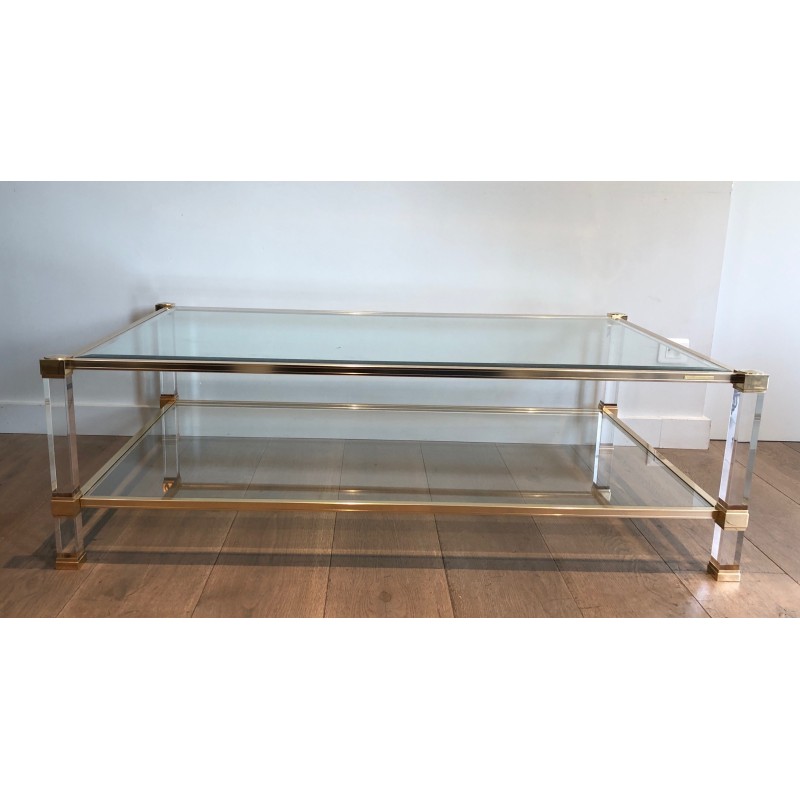 Large Lucite and Gilt Metal Coffee Table by Pierre Vandel, French Work, Circa 1970