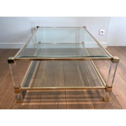 Large Lucite and Gilt Metal Coffee Table by Pierre Vandel, French Work, Circa 1970