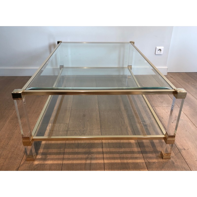 Grande Table Basse en Lucite et Métal Doré de Pierre Vandel, Travail Français, Vers 1970