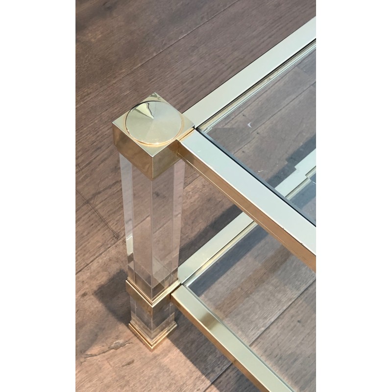 Large Lucite and Gilt Metal Coffee Table by Pierre Vandel, French Work, Circa 1970
