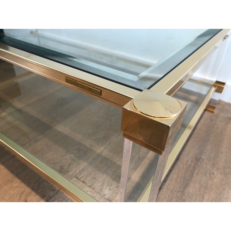 Large Lucite and Gilt Metal Coffee Table by Pierre Vandel, French Work, Circa 1970
