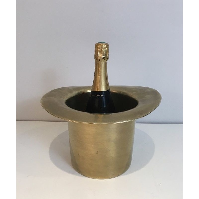 Rafraîchissoir à Champagne en Laiton en Forme de Chapeau Haut de Forme, Travail Français, Vers 1920