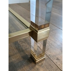 Large Lucite and Gilt Metal Coffee Table by Pierre Vandel, French Work, Circa 1970