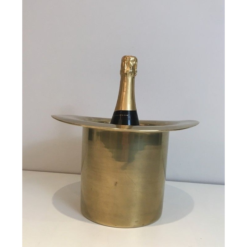 Rafraîchissoir à Champagne en Laiton en Forme de Chapeau Haut de Forme, Travail Français, Vers 1920