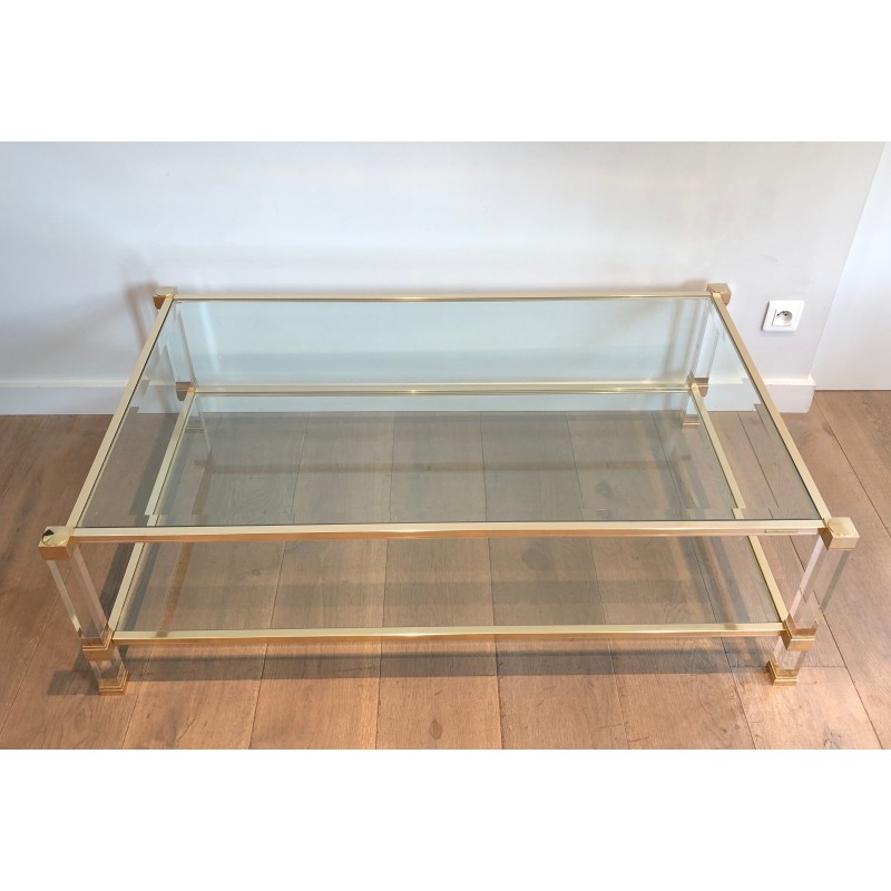 Grande Table Basse en Lucite et Métal Doré de Pierre Vandel, Travail Français, Vers 1970