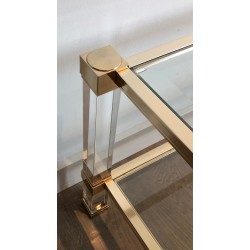 Large Lucite and Gilt Metal Coffee Table by Pierre Vandel, French Work, Circa 1970