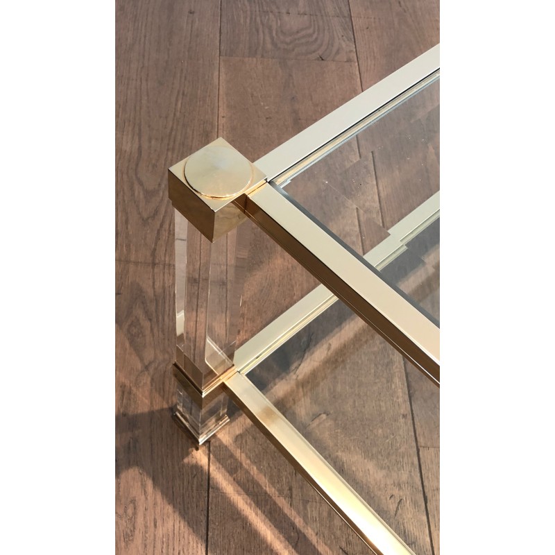Large Lucite and Gilt Metal Coffee Table by Pierre Vandel, French Work, Circa 1970