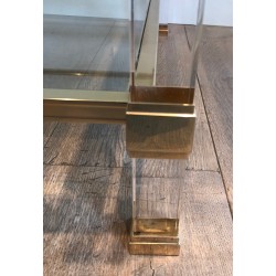 Large Lucite and Gilt Metal Coffee Table by Pierre Vandel, French Work, Circa 1970
