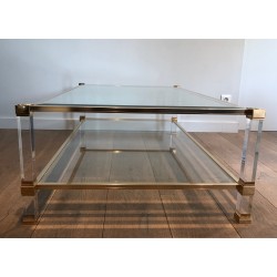 Large Lucite and Gilt Metal Coffee Table by Pierre Vandel, French Work, Circa 1970