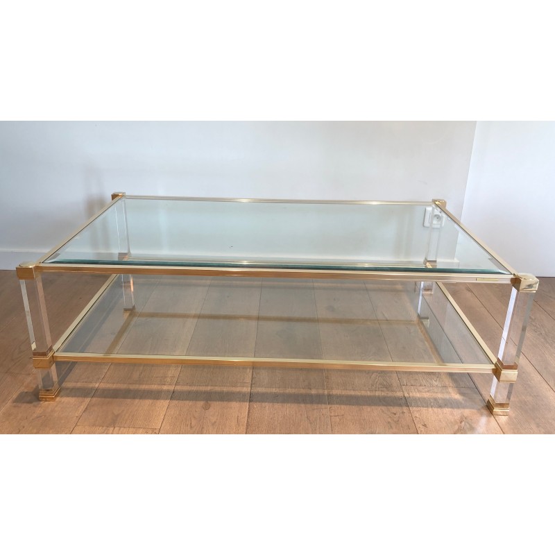 Grande Table Basse en Lucite et Métal Doré de Pierre Vandel, Travail Français, Vers 1970