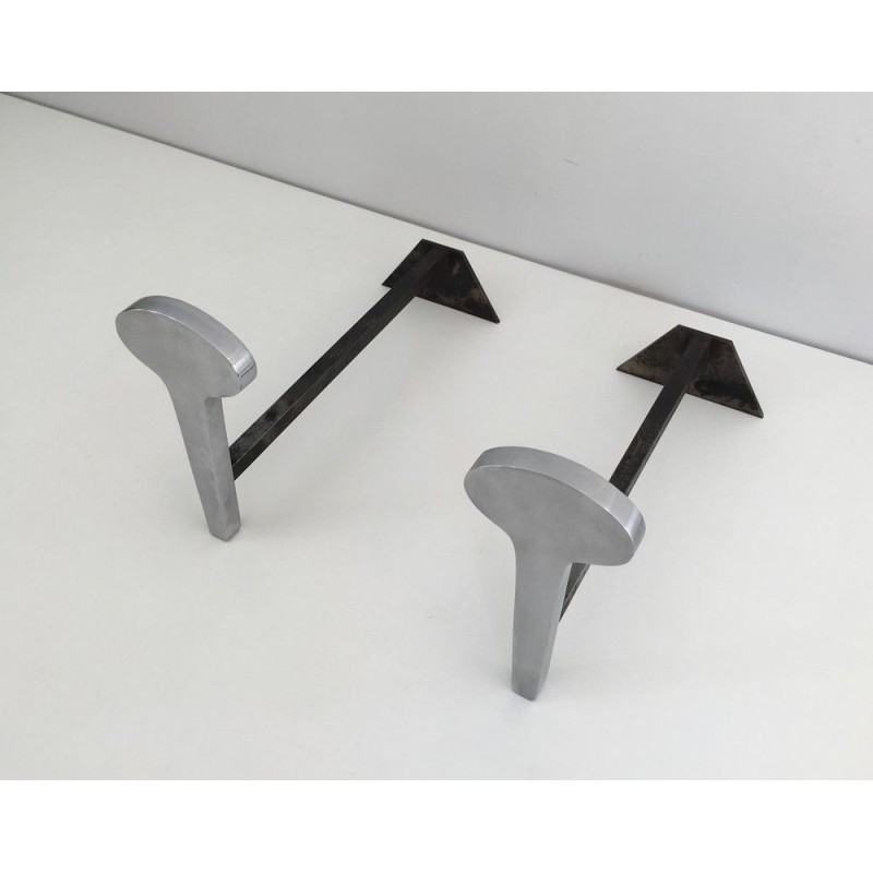 Pair of Modernist Chromed Steel and Wrought Iron Andirons, French Work, Circa 1970