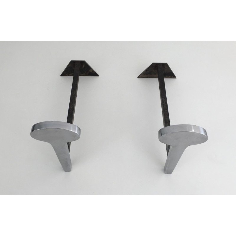 Pair of Modernist Chromed Steel and Wrought Iron Andirons, French Work, Circa 1970