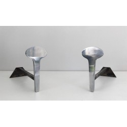Pair of Modernist Chromed Steel and Wrought Iron Andirons, French Work, Circa 1970