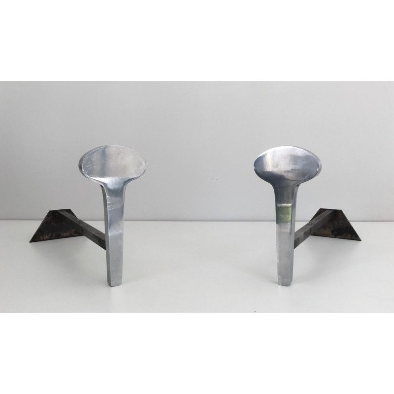 Paire de Chenets Modernistes en Acier Chromé et Fer Forgé, Travail Français, Vers 1970