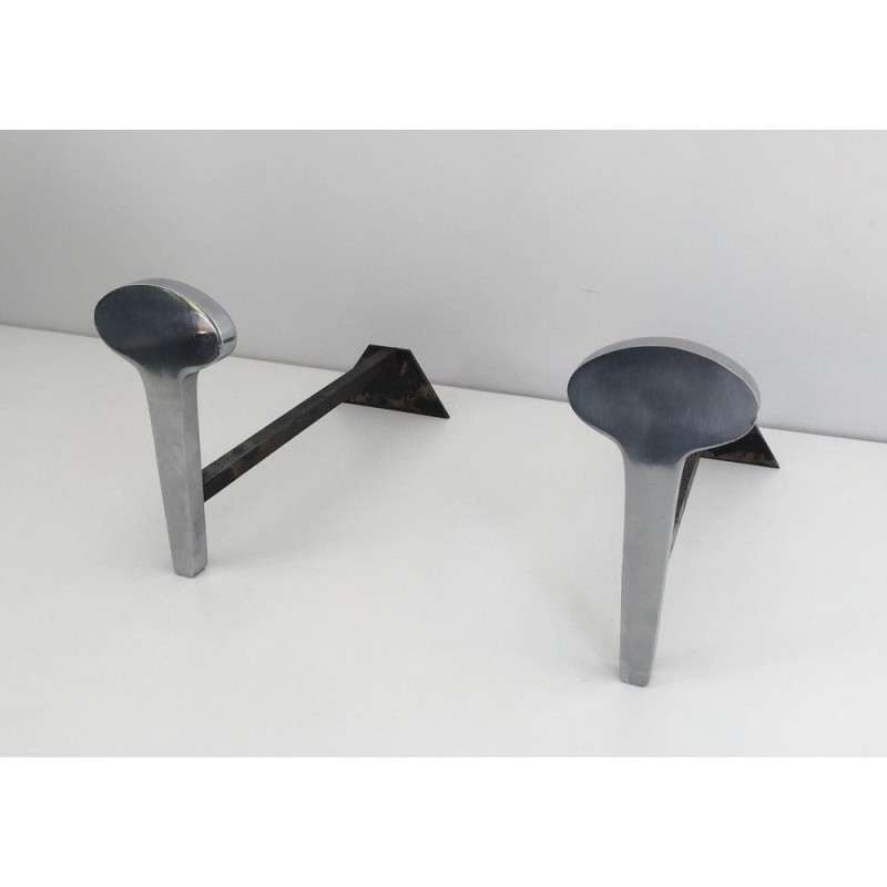 Pair of Modernist Chromed Steel and Wrought Iron Andirons, French Work, Circa 1970