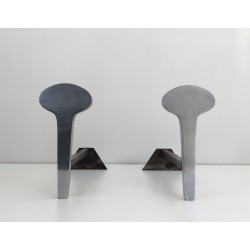 Paire de Chenets Modernistes en Acier Chromé et Fer Forgé, Travail Français, Vers 1970