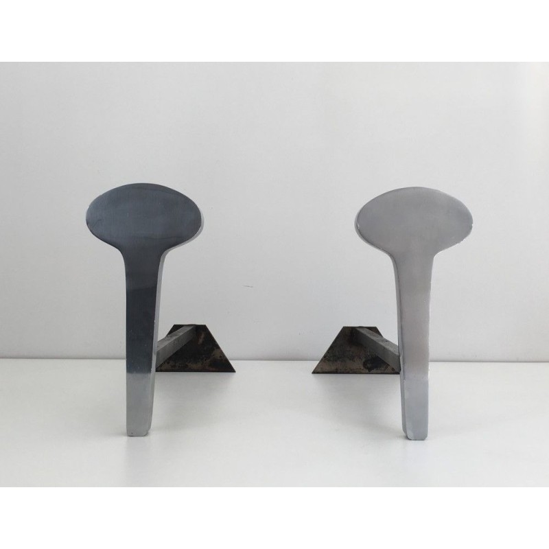 Paire de Chenets Modernistes en Acier Chromé et Fer Forgé, Travail Français, Vers 1970