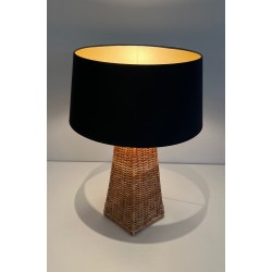 Lampe de Table Pyramidale en Rotin, Travail Français, Vers 1970