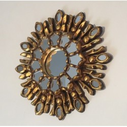 Petit Miroir Soleil en Bois Sculpté Doré, Travail Italien, Vers 1970
