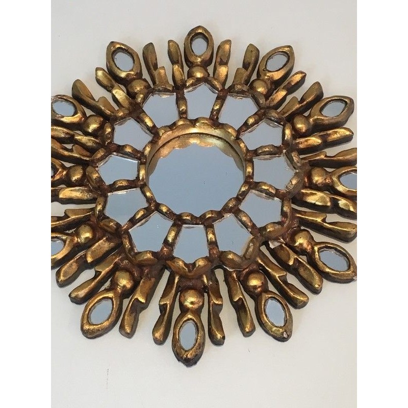 Petit Miroir Soleil en Bois Sculpté Doré, Travail Italien, Vers 1970