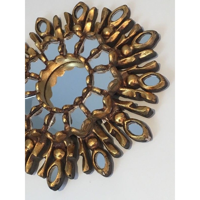 Small Gilt Carved Wood Sunburst Mirror, Italian Work, Circa 1970