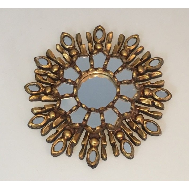 Petit Miroir Soleil en Bois Sculpté Doré, Travail Italien, Vers 1970