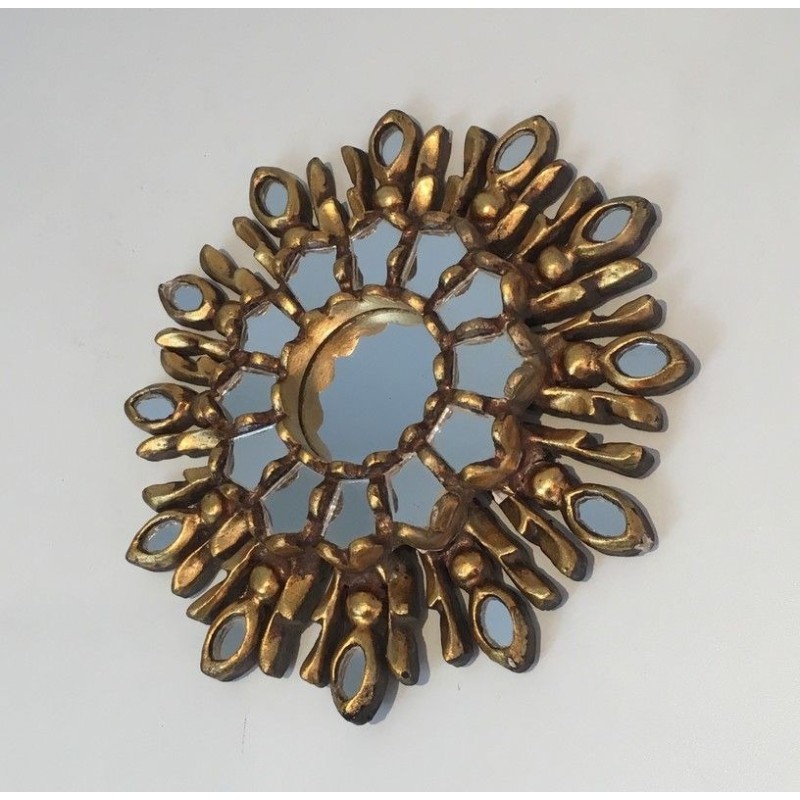Small Gilt Carved Wood Sunburst Mirror, Italian Work, Circa 1970