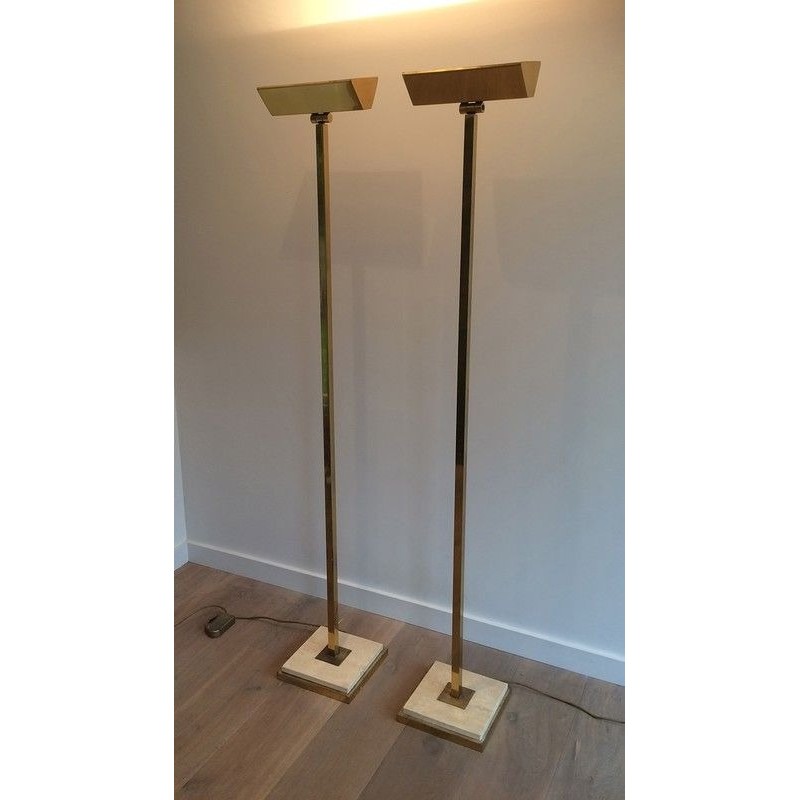 Pair of Brass Floor Lamps on Travertine Base, French Work, Circa 1970