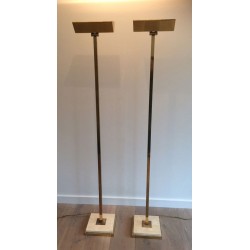 Pair of Brass Floor Lamps on Travertine Base, French Work, Circa 1970