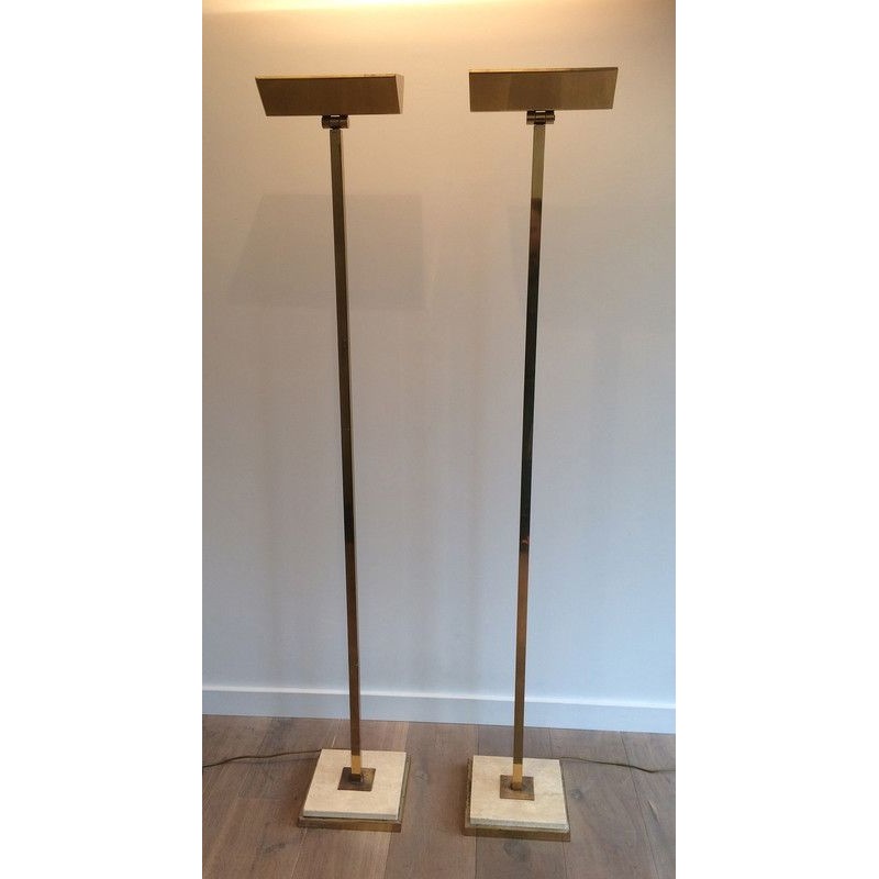 Pair of Brass Floor Lamps on Travertine Base, French Work, Circa 1970