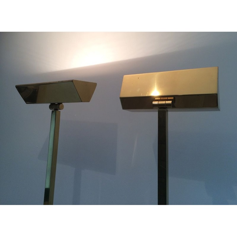 Pair of Brass Floor Lamps on Travertine Base, French Work, Circa 1970