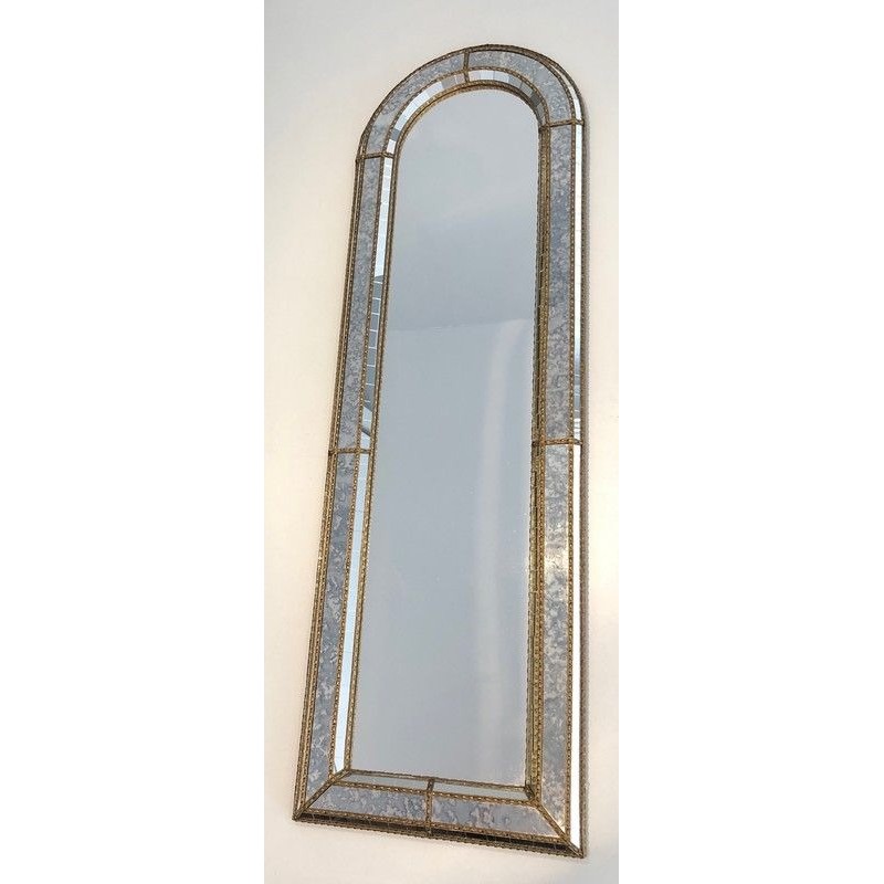 Arched Multi-Facet Mirror with Brass Garlands, French Work, Circa 1970