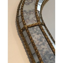 Arched Multi-Facet Mirror with Brass Garlands, French Work, Circa 1970