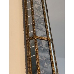 Arched Multi-Facet Mirror with Brass Garlands, French Work, Circa 1970