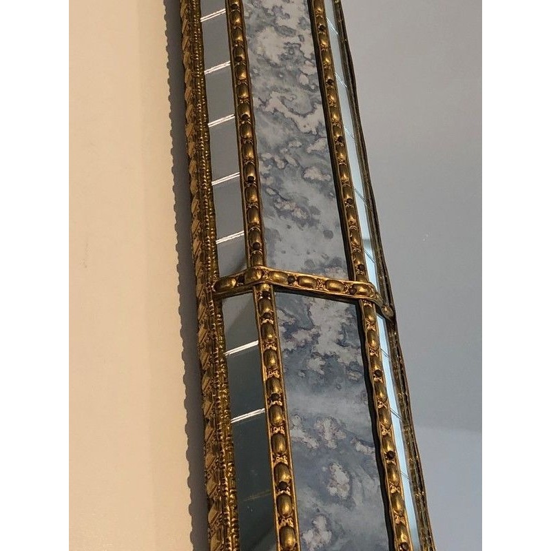 Miroir à Sommet Arrondi en Miroirs Multi-Facettes et Guirlandes de Laiton, Travail Français, Vers 1970