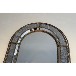 Arched Multi-Facet Mirror with Brass Garlands, French Work, Circa 1970