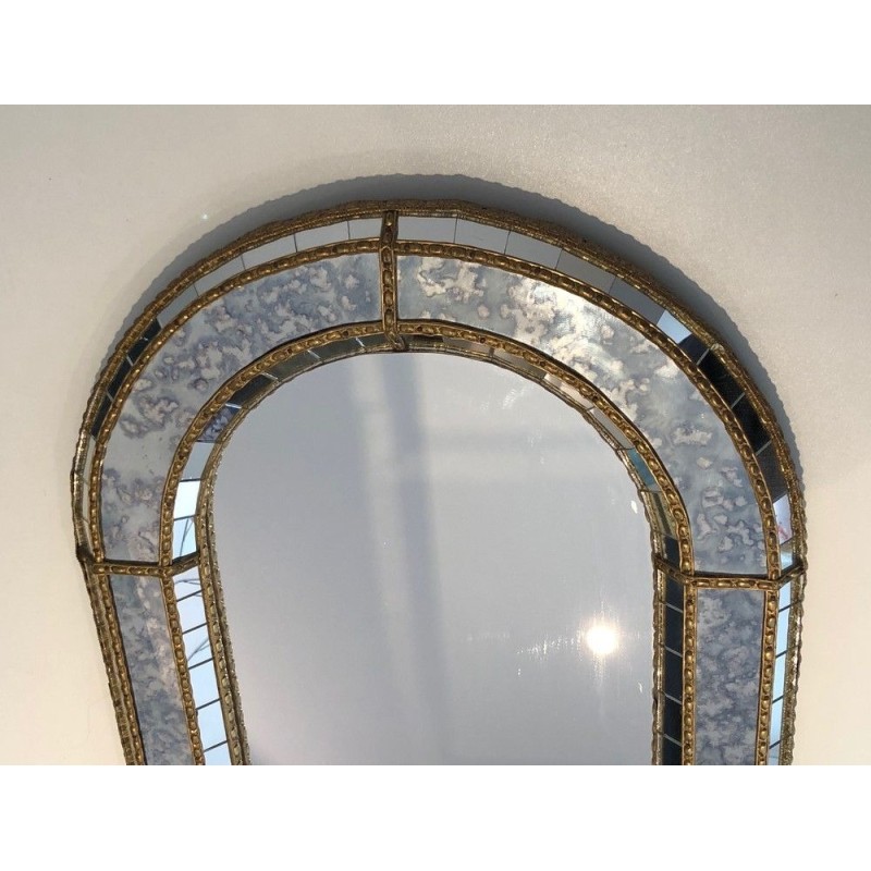 Miroir à Sommet Arrondi en Miroirs Multi-Facettes et Guirlandes de Laiton, Travail Français, Vers 1970