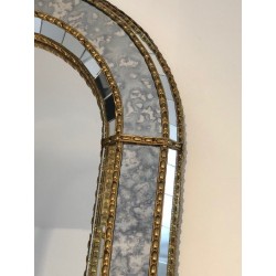 Arched Multi-Facet Mirror with Brass Garlands, French Work, Circa 1970