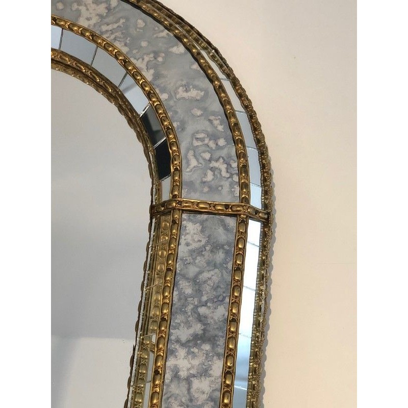 Arched Multi-Facet Mirror with Brass Garlands, French Work, Circa 1970