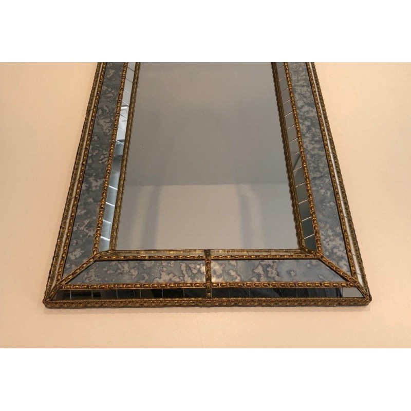 Arched Multi-Facet Mirror with Brass Garlands, French Work, Circa 1970