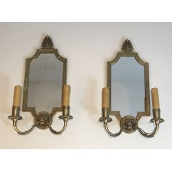 Pair of Empire Style Bronze Wall Sconces with Lion Heads and Mirror Backs, French Work, Circa 1940