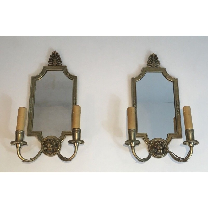 Pair of Empire Style Bronze Wall Sconces with Lion Heads and Mirror Backs, French Work, Circa 1940