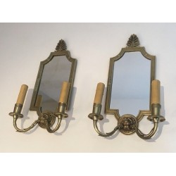 Pair of Empire Style Bronze Wall Sconces with Lion Heads and Mirror Backs, French Work, Circa 1940