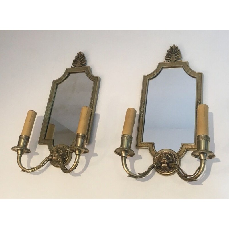 Pair of Empire Style Bronze Wall Sconces with Lion Heads and Mirror Backs, French Work, Circa 1940
