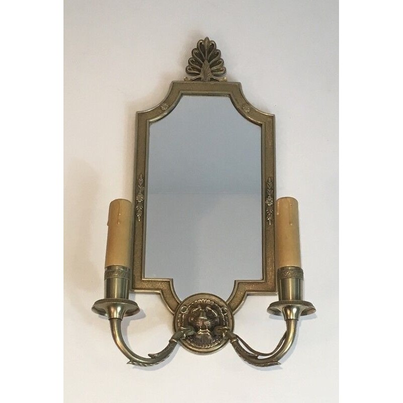 Paire d’Appliques en Miroir et Bronze à têtes de Lions